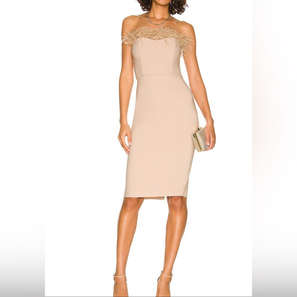 Revolve LPA Aurora Dress Nude Strapless Midi Dress Ostrich Feather Party Wedding